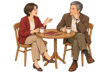 休憩時間に飲み物を囲み、くつろいで会話する２人の大人のイラスト