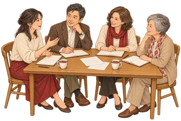 年代の異なる大人がテーブルを囲んで会話するイラスト