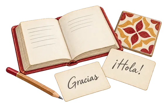 スペイン語のあいさつ「¡Hola!」「Gracias」のカードと、ノート、鉛筆、模様のあるタイルのイラスト